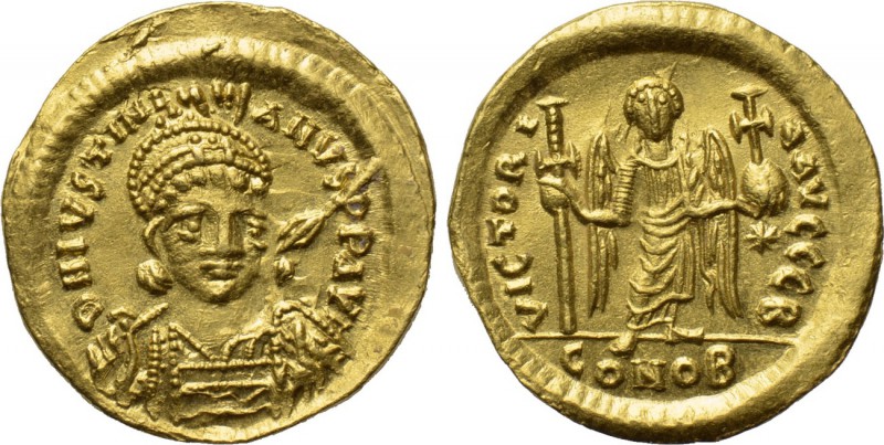 JUSTINIAN I (527-565). GOLD Solidus. Constantinople. 

Obv: D N IVSTINIANVS P ...