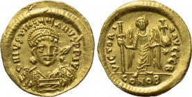 JUSTINIAN I (527-565). GOLD Solidus. Constantinople. 

Obv: D N IVSTINIANVS P P AVG. 
Helmeted, draped and cuirassed bust facing slightly right, ho...