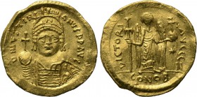 JUSTINIAN I (527-565). GOLD Solidus. Constantinople. 

Obv: D N IVSTINIANVS P P AVG. 
Helmeted, draped and cuirassed bust facing, holding globus cr...