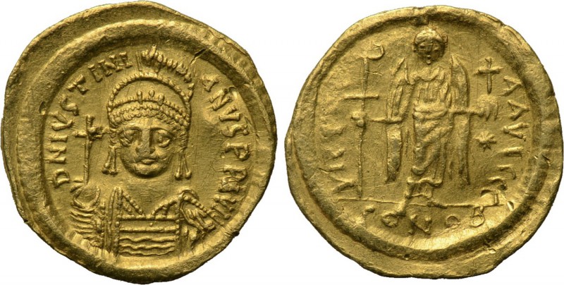 JUSTINIAN I (527-565). GOLD Solidus. Constantinople. 

Obv: D N IVSTINIANVS P ...