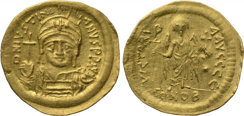 JUSTINIAN I (527-565). GOLD Solidus. Constantinople. 

Obv: D N IVSTINIANVS P ...