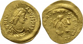JUSTINIAN I (527-565). GOLD Tremissis. Constantinople. 

Obv: D N IVSTINIANVS P P AVG. 
Diademed, draped and cuirassed bust right.
Rev: VICTORIA A...