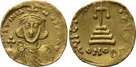 JUSTINIAN II (First reign, 685-695). GOLD Solidus. Constantinople. 

Obv: IVSTINIANЧS PЄ AV. 
Crowned and draped bust facing, holding globus crucig...