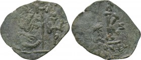 UNCERTAIN (Circa 8th century). Half Follis. 

Obv: Crowned bust of emperor right, head facing, holding cross; monogram to right.
Rev: Large K; star...