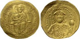 CONSTANTINE IX MONOMACHUS (1042-1055). GOLD Histamenon Nomisma. Constantinople. 

Obv: + IҺS XIS RЄX RЄGNANTIҺM. 
Christ Pantokrator seated facing ...