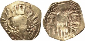 ANDRONICUS II with ANDRONICUS III (1325-1328). GOLD Hyperpyron. Constantinople. 

Obv: The Virgin Mary, orans, within city walls with four towers; s...