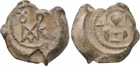 BYZANTINE LEAD SEALS. Uncertain (Circa 7th century). 

Obv: Monogram.
Rev: Facing bust of saint; cross to left and right.

. 

Condition: Very ...