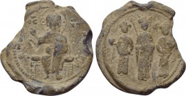 BYZANTINE LEAD SEALS. Eudocia (Empress, 1067). 

Obv: EMMA NOVHΛ / IC - XC. 
Christ Pantokrator seated facing on throne.
Rev: Michael VII, Eudocia...