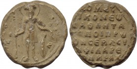 BYZANTINE LEAD SEALS. Uncertain (Circa 11th-12th centuries). 

Obv: Military saint standing facing, holding spear and resting hand upon shield.
Rev...
