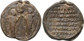BYZANTINE LEAD SEALS. Basileios, protoproedros (Circa 12th-13th centuries). 

Obv: Sts. Peter and Paul facing one another, heads and arms uplifted t...
