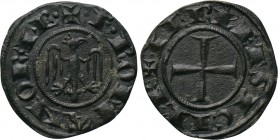 ITALY. Sicily. Frederick II (1220-1245). Denaro. Messini. 

Obv: + F ROMANOR' IP. 
Crowned eagle facing, head right, with wings spread.
Rev: + IER...