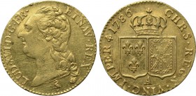 FRANCE. Louis XVI (1774-1793). GOLD Louis d'or (1786-A). Paris. 

Obv: LUD XVI D G FR ET NAV REX. 
Head left.
Rev: CHRS REGN VINC IMPER. 
Crowned...