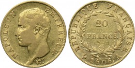 FRANCE. Napoleon I (First reign, 1804-1814). GOLD 20 Francs (1806-A). Paris. 

Obv: NAPOLEON EMPEREUR. 
Laureate head left.
Rev: EMPIRE FRANÇAIS. ...