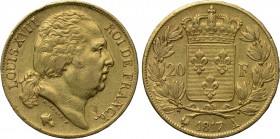 FRANCE. Louis XVIII (Second reign, 1815-1824). GOLD 20 Francs (1817-A). Paris. 

Obv: LOUIS XVIII ROI DE FRANCE. 
Garlanded head right.
Rev: Crown...