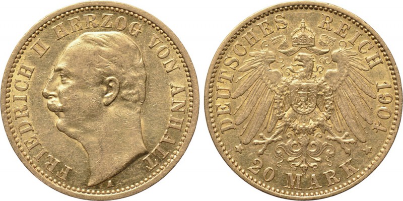 GERMANY. Anhalt-Dessau. Friedrich II (1904-1918). GOLD 20 Mark (1904-A). Berlin....