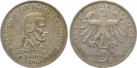 GERMANY. 5 Mark (1955-F). Stuttgart. Commemorating the 150th Anniversary of the Death of Schiller. 

Obv: FRIEDRICH VON SCHILLER 9 V 1955 / ZUM 150 ...