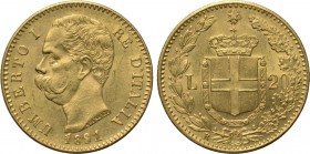 ITALY. Umberto I (1878-1900). GOLD 20 Lire (1891-R). Rome. 

Obv: UMBERTO I RE D'ITALIA. 
Bare head left.
Rev: Crowned coat-of-arms within wreath....