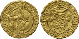 NETHERLANDS. GOLD Ducat (1591). West Friesland. 

Obv: DEVS FORTITVDO ET SPES NOS. 
Knight standing facing, holding sword and axe.
Rev: MO NO AVR ...