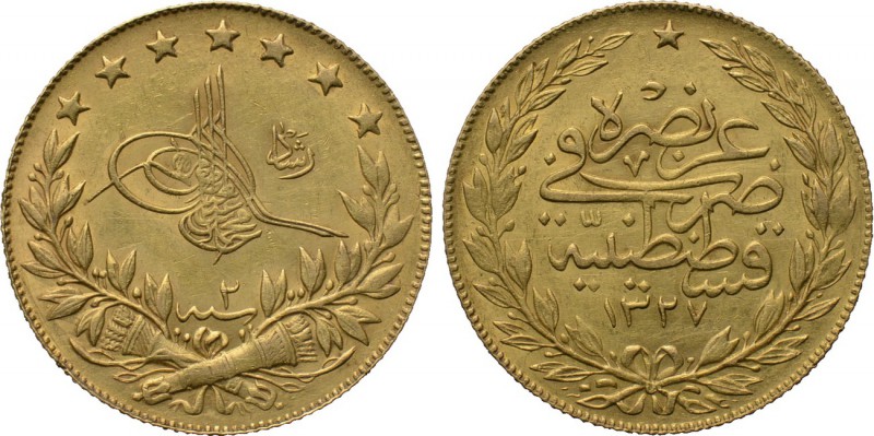 OTTOMAN EMPIRE. Mehmed V Rashad (AH 1327-1336 / AD 1909-1918). GOLD 100 Piastres...