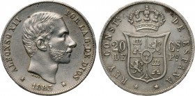 SPAIN. Alfonso XII (1874-1885). 20 Centimos (1885). Manilla. Struck for use in the Philippines. 

Obv: ✷ ALFONSO XII POR LA G DE DIOS ✷. 
Bare head...