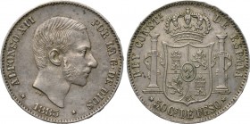 SPAIN. Alfonso XII (1874-1885). 50 Centimos (1885). Manilla. Struck for use in the Philippines. 

Obv: ✷ ALFONSO XII POR LA G DE DIOS ✷. 
Bare head...