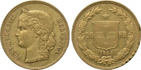 SWITZERLAND. GOLD 20 Francs (1894-B). Bern. 

Obv: CONFŒDERATIO HELVETICA. 
Diademed head of Liberty left.
Rev: Coat-of-arms; star above; all with...