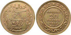 TUNISIA. French Protectorate. Muhamad el-Hadi (Bey, AH 1320-1324 / AD 1902-1906). GOLD 20 Francs (1903-A). Paris. 

Obv: Legend with AH date between...