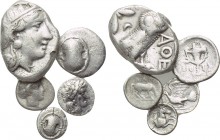 5 Greek coins. 

Obv: .
Rev: .

. 

Condition: See picture.

Weight: g.
 Diameter: mm.