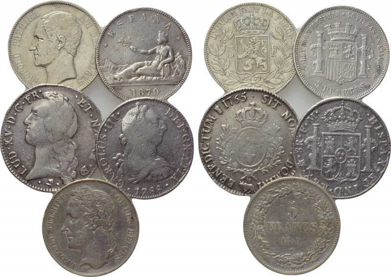 5 silver coins of Belgium, France and Spain. 

Obv: .
Rev: .

. 

Conditi...