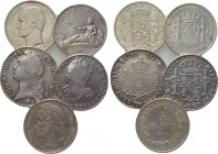 5 silver coins of Belgium, France and Spain. 

Obv: .
Rev: .

. 

Condition: See picture.

Weight: g.
 Diameter: mm.