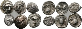 6 Greek silver fractions; mostly Rhodes. 

Obv: .
Rev: .

. 

Condition: See picture.

Weight: g.
 Diameter: mm.
