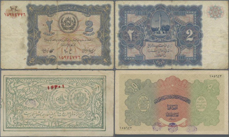 Afghanistan: Small lot with 3 banknotes 1 Afghani SH 1298 (1919) P.1 (F), 50 Afg...