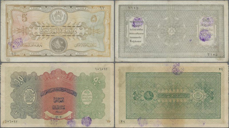 Afghanistan: Pair of 5 and 50 Afghanis SH1307 (1928) both with ”Baccha i Saqao” ...