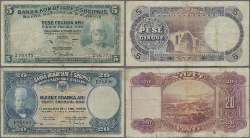 Albania: Pair with 5 and 20 Franka Ari ND(1926), P.2a, 3a in about F condition. ...