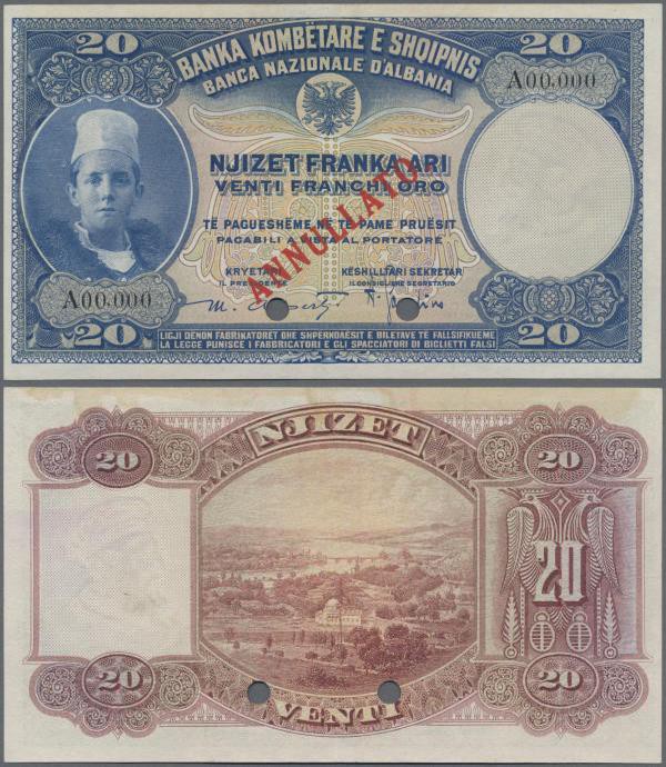 Albania: Banca Nazionale d'Albania 20 Franka Ari ND(1926) SPECIMEN, P.3s, almost...