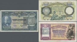 Albania: 20 Franka Ari, 20 and 100 Franga overprint issue ND(1945), P.12b, 13, 14 in F to VF condition. (3 pcs.)
 [taxed under margin system]