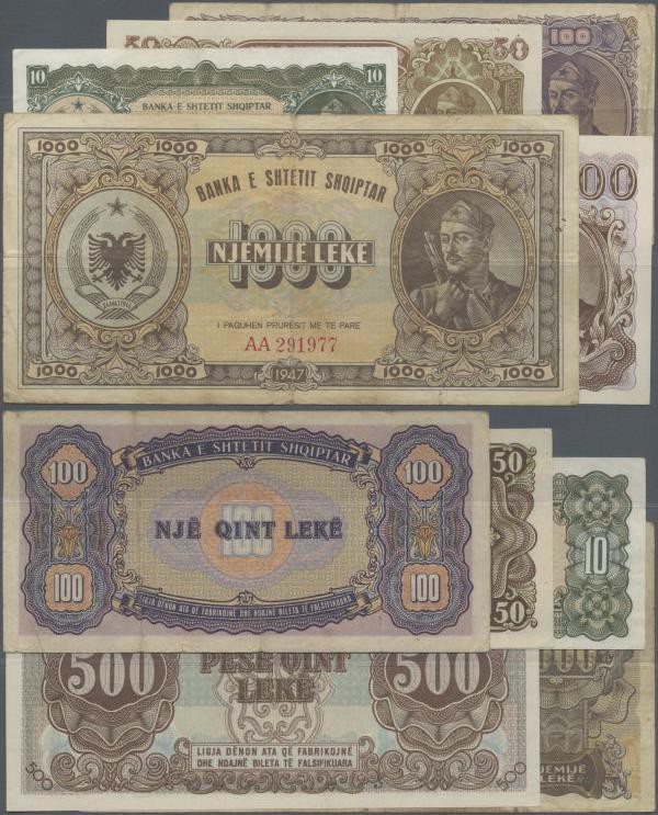 Albania: Banka e Shtetit Shqiptar set with 5 Banknotes 1947 series with 10, 50, ...