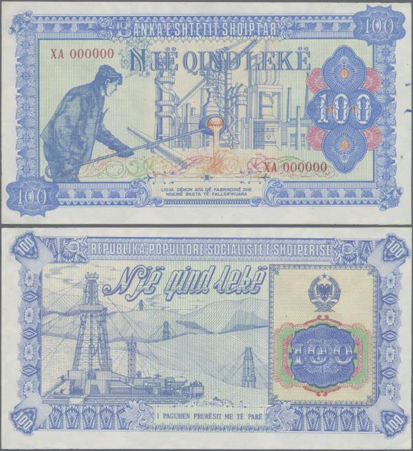 Albania: 100 Leke ND(1985) color trial Specimen in blue and dull red color, P.46...