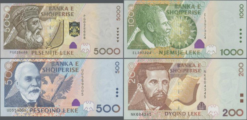 Albania: Set with 4 banknotes of the 2001 issue with 200, 500, 1000 and 5000 Lek...