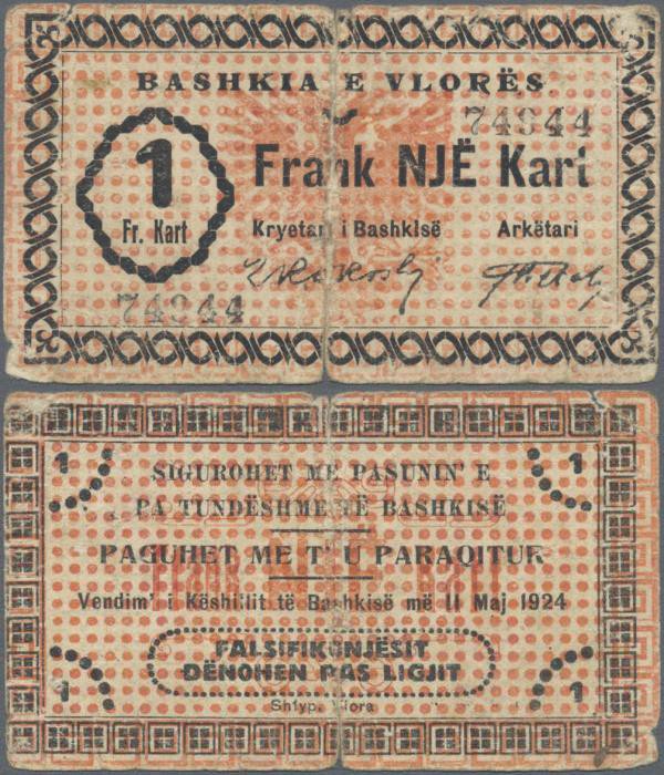 Albania: Municipality of Vlorë/Valona 1 Frank Kart 1924, P.S183, almost well wor...