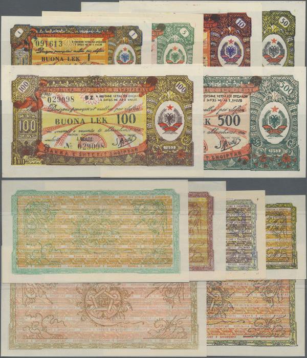 Albania: Set with 6 Banknotes 1953 issue of the Foreign Exchange Certificates wi...