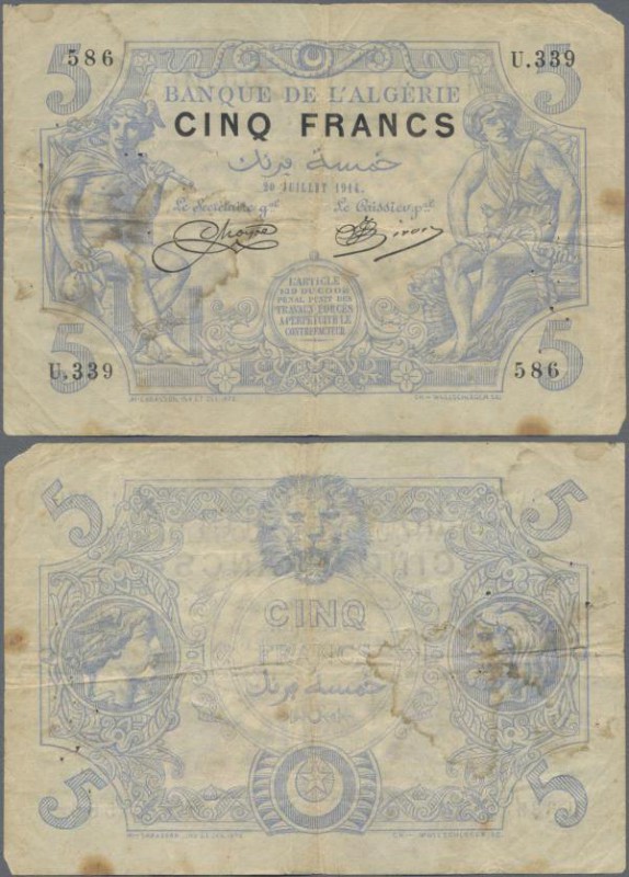 Algeria: 5 Francs 1914, P.71a, some small spots and pinholes, tiny part missing ...