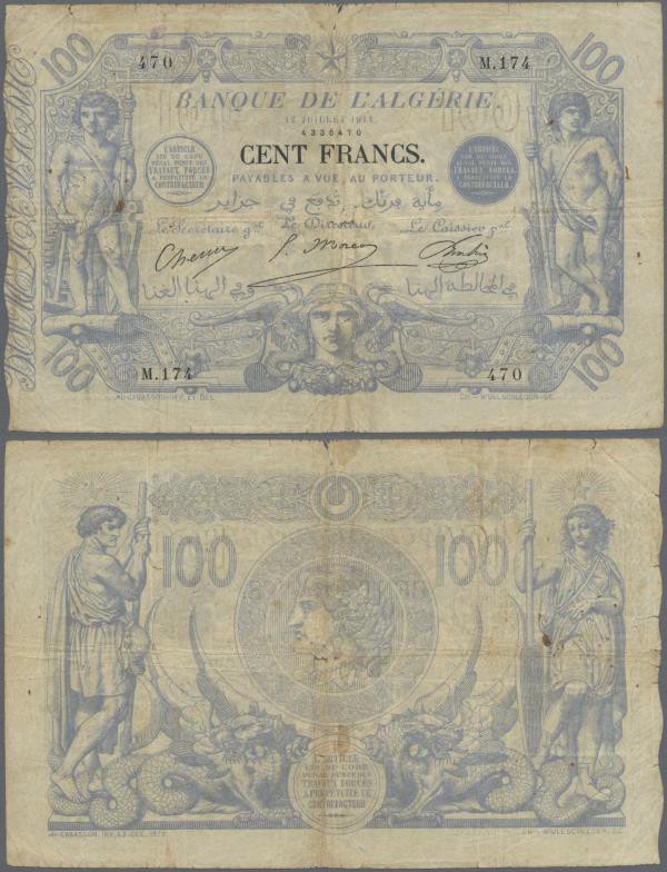 Algeria: Banque de l'Algérie 100 Francs 1911, P.74, , highly are and very early ...