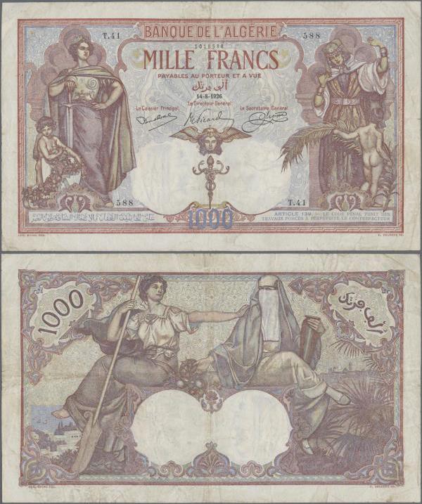 Algeria: Banque de l'Algérie 1000 Francs 1926, P.83, very nice and great conditi...