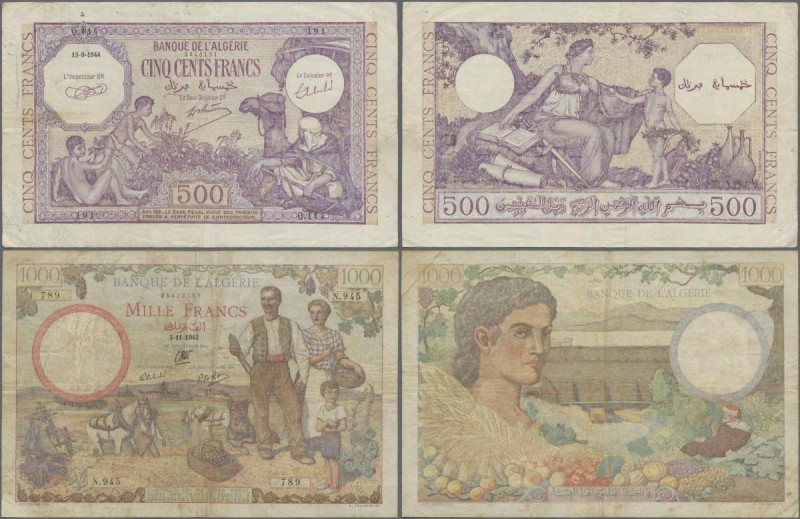 Algeria: Banque de l'Algérie 1000 Francs 1942 P.86 (F) and 500 Francs 1944 P.95 ...