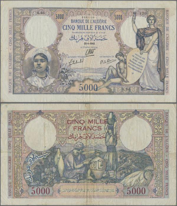 Algeria: Banque de l'Algérie 5000 Francs 1942, P.90, still nice with a number of...
