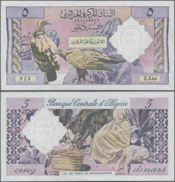 Algeria: Banque Centrale d'Algérie 5 Dinars 1964, P.122, without pinholes, just ...