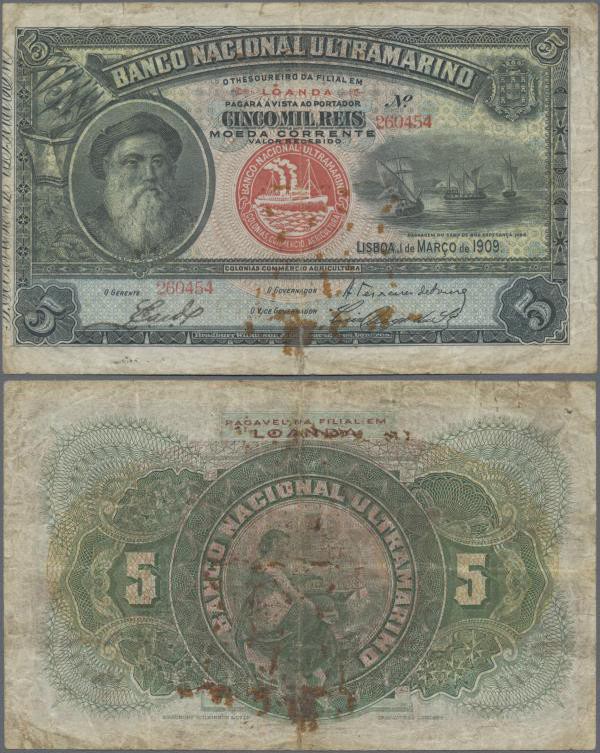 Angola: 5 Mil Reis 1909, P.32, rusty spots, taped tear, Condition: F. Highly Rar...