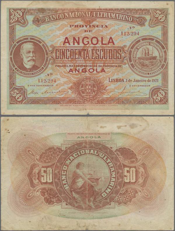 Angola: Banco Nacional Ultramarino - Provincia de Angola 50 Escudos 1921, P.60, ...