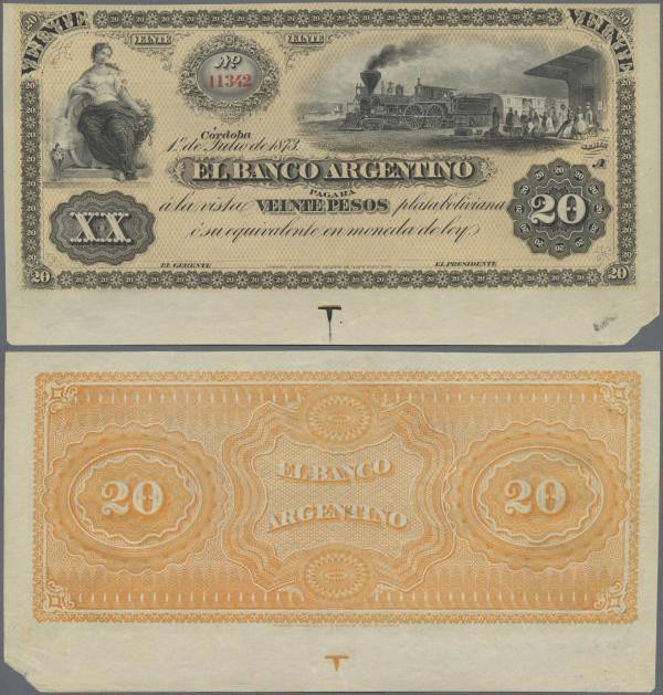 Argentina: El Banco Argentino, Cordoba issue, 20 Pesos 1873 unissued remainder, ...